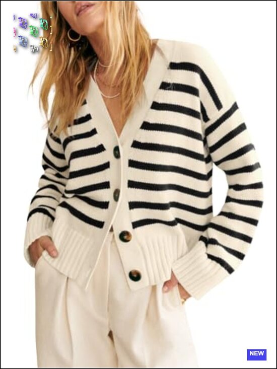 Sweaters - Womens V Neck Button Down Striped Cardigan Sweater Long Sleeve Open Front